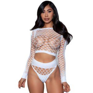 Diamond Net Long Sleeve Crop Top and Booty Shorts Set White